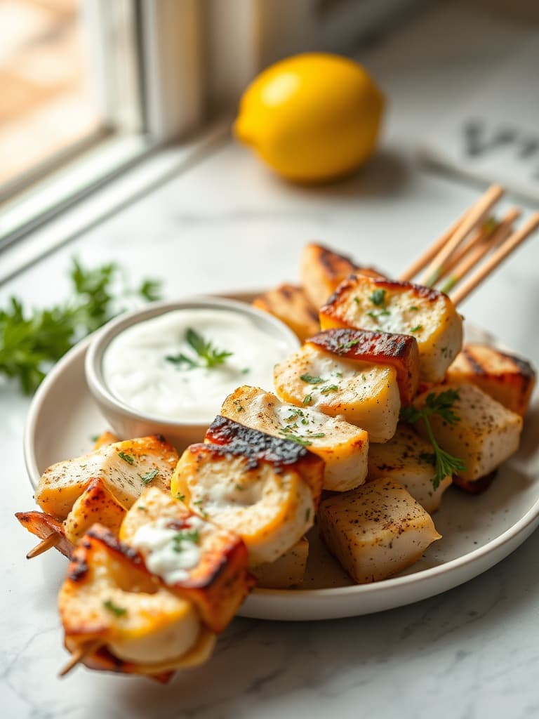 Creamy Mediterranean Chicken Skewers with Lemon-Dill Sauce