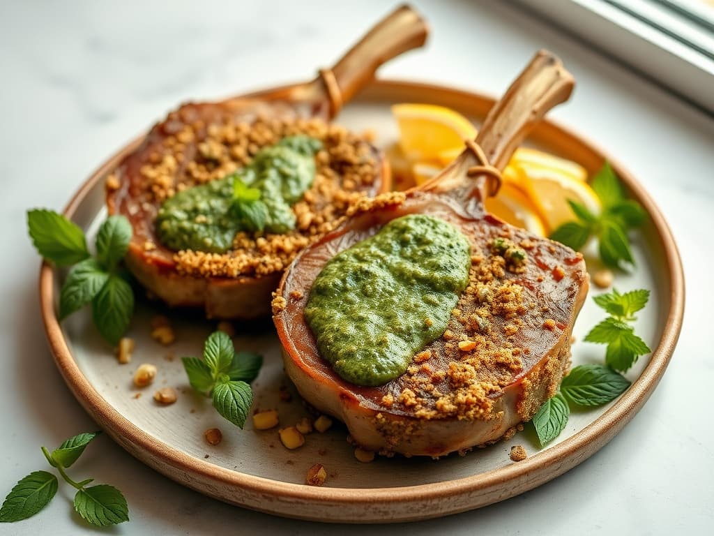 Pistachio-Crusted Lamb Chops with Mint Pesto