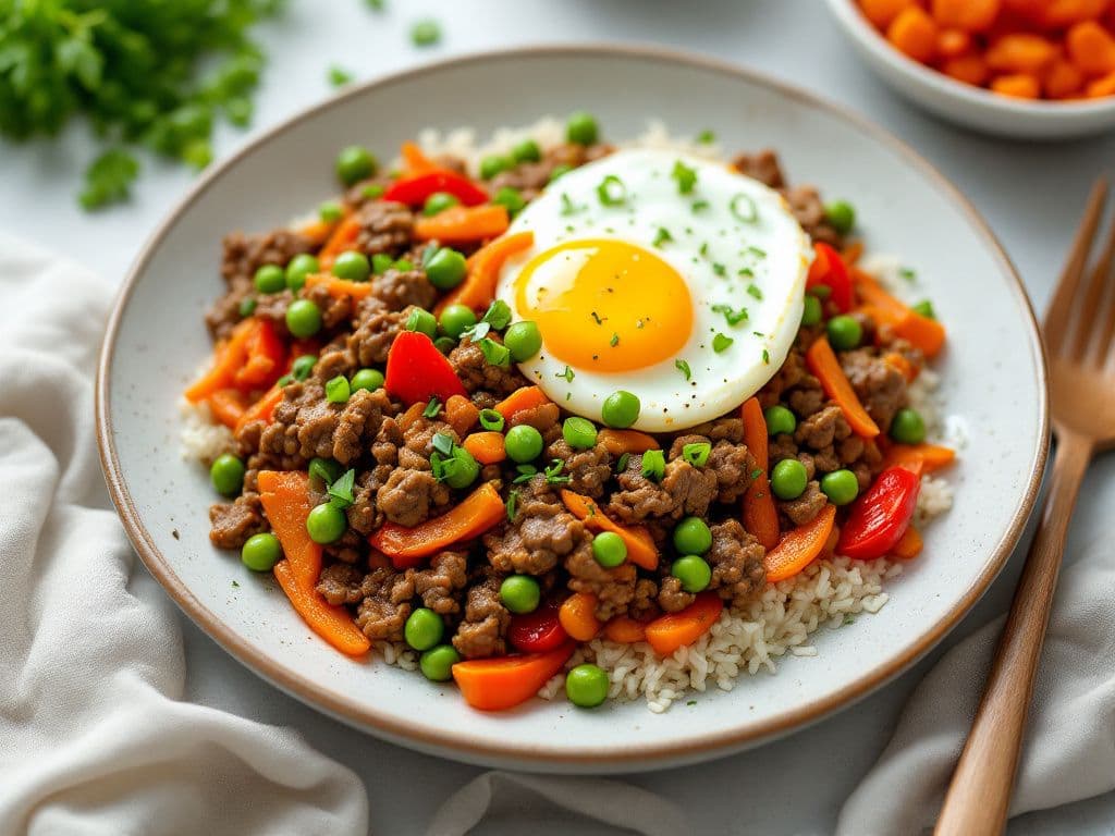 High Protein Beef Stir Fry with Peas, Carrots, and Egg