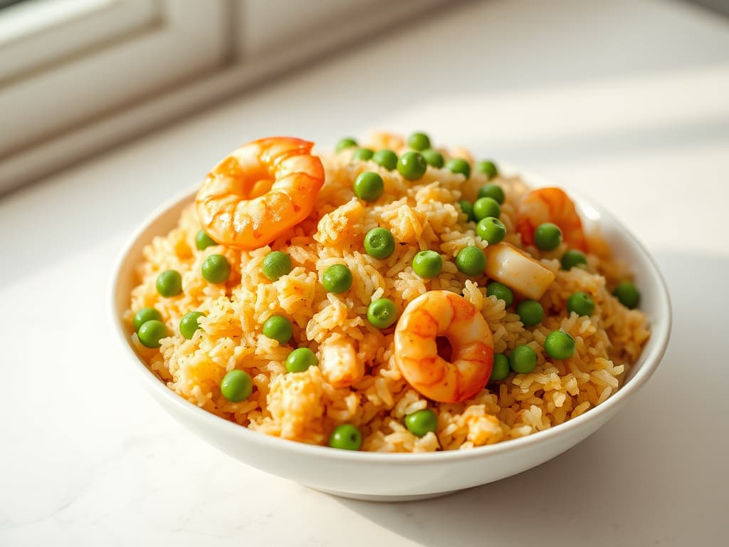 Chinese Egg Fried Rice with Shrimp and Peas