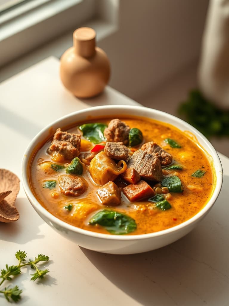 Hearty Nigerian Egusi Soup with Assorted Meats