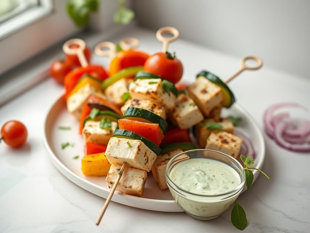 Quick Halloumi & Veggie Skewers with Mint Dressing