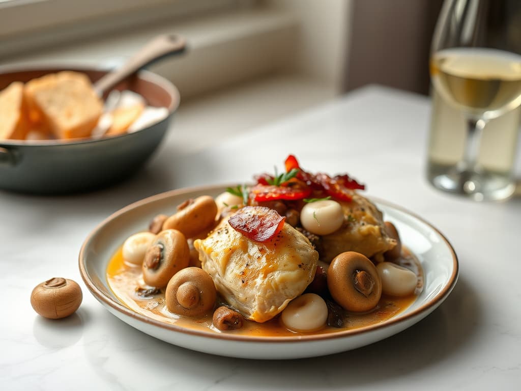 Classic Coq au Vin Blanc with Mushrooms and Pearl Onions