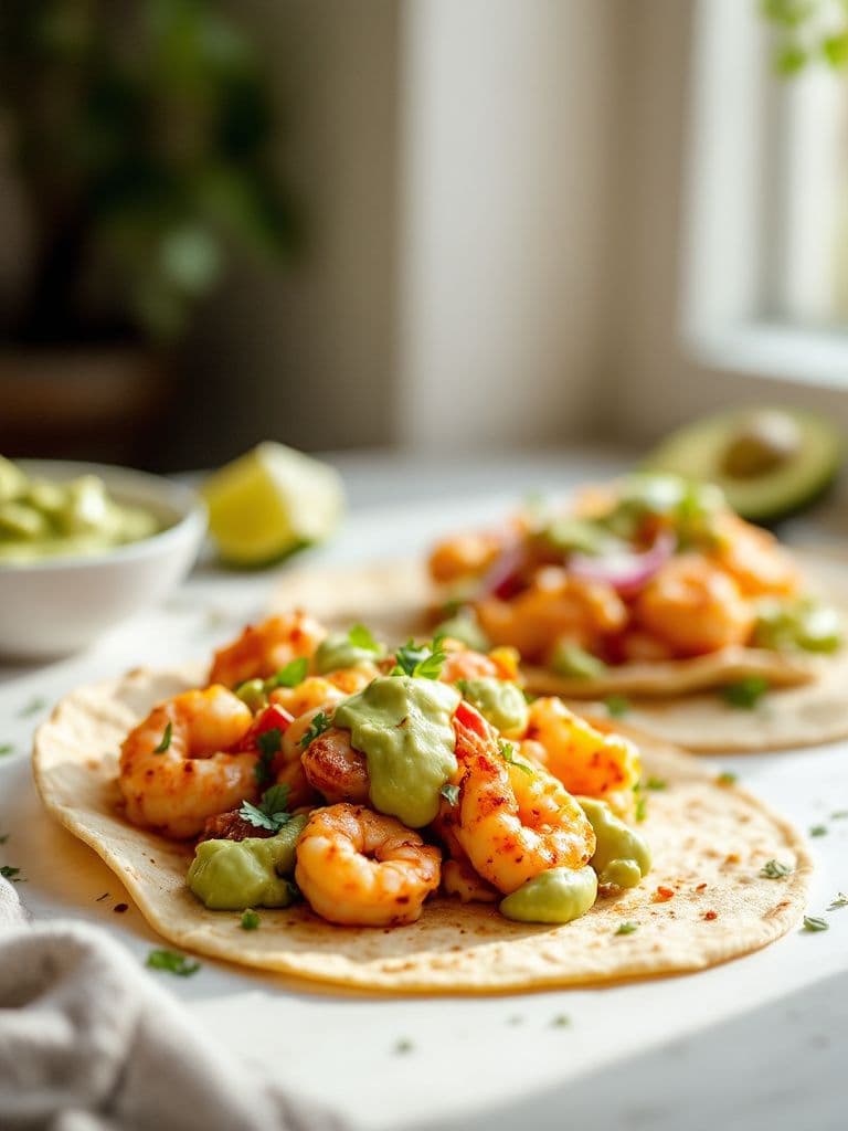 Spicy Shrimp Tacos with Avocado Cream