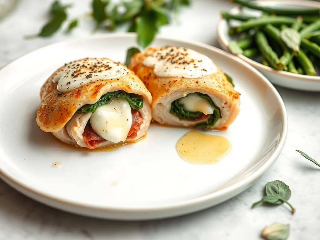 Prosciutto and Mozzarella Stuffed Chicken with Sage Butter and Lemon-Garlic Green Beans