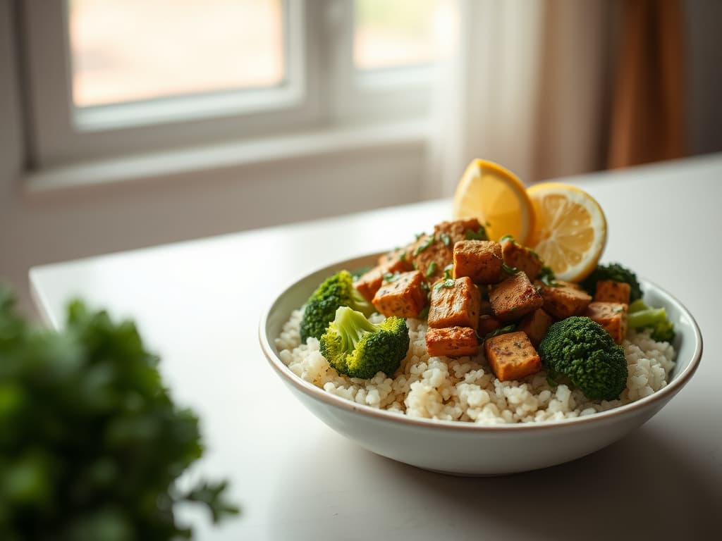 Speedy Lemon Herb Tempeh & Broccoli Cauliflower Rice Bowl