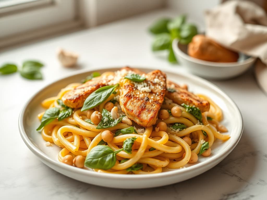 Pesto Chicken and Chickpea Penne