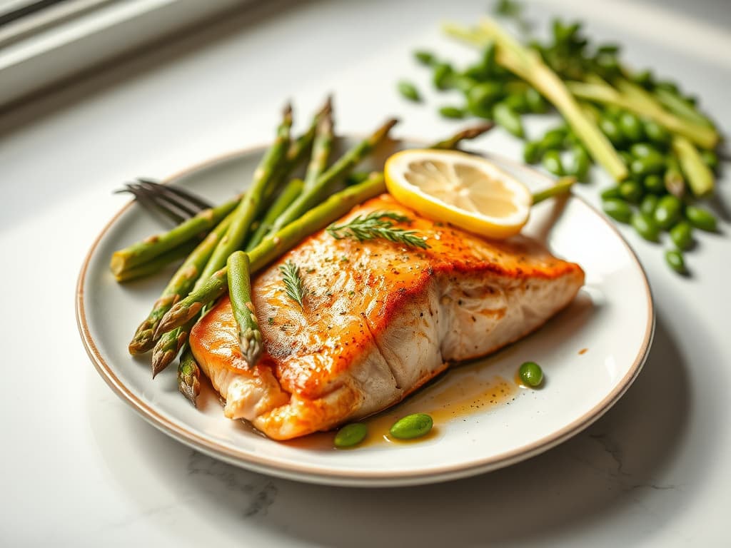 Baked Salmon with Roasted Asparagus and Edamame