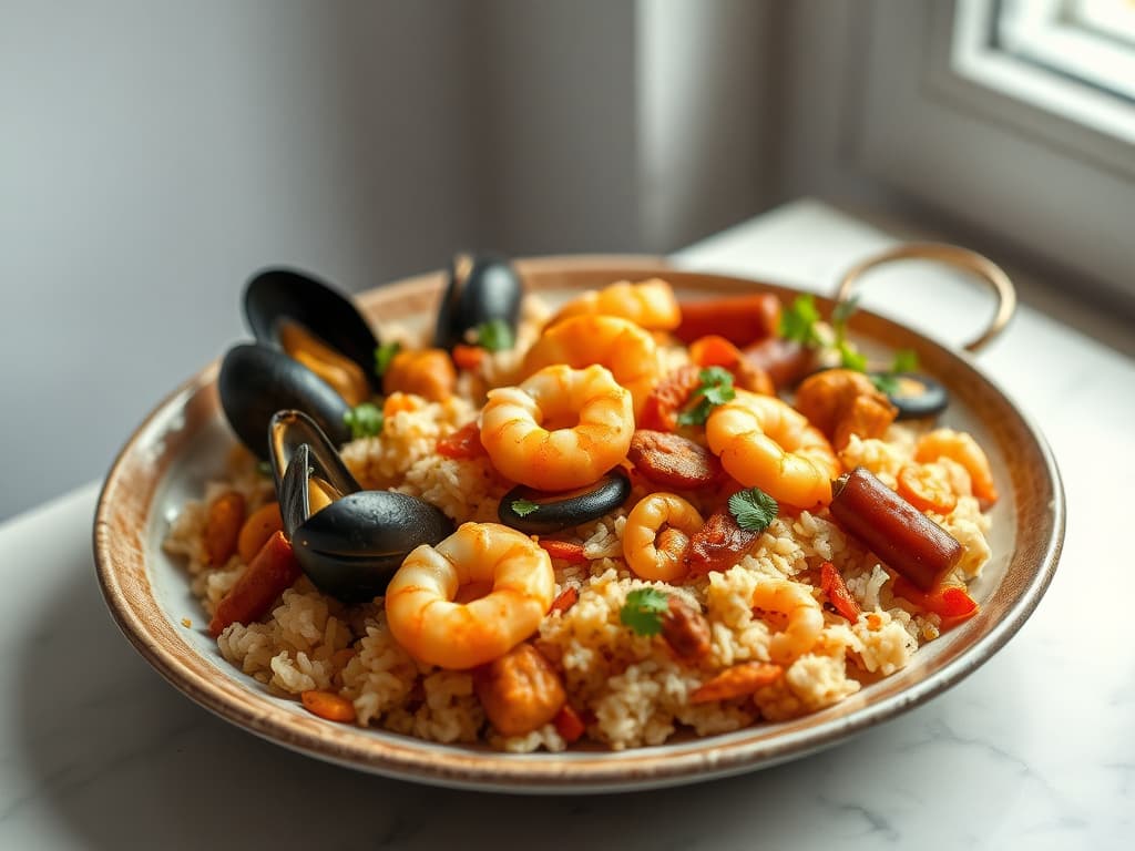 Seafood Paella with Saffron and Chorizo