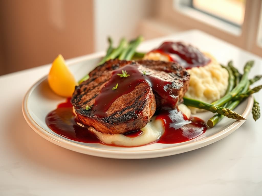 Pan-Seared Filet Mignon with Red Wine Sauce, Garlic Mashed Potatoes, and Asparagus