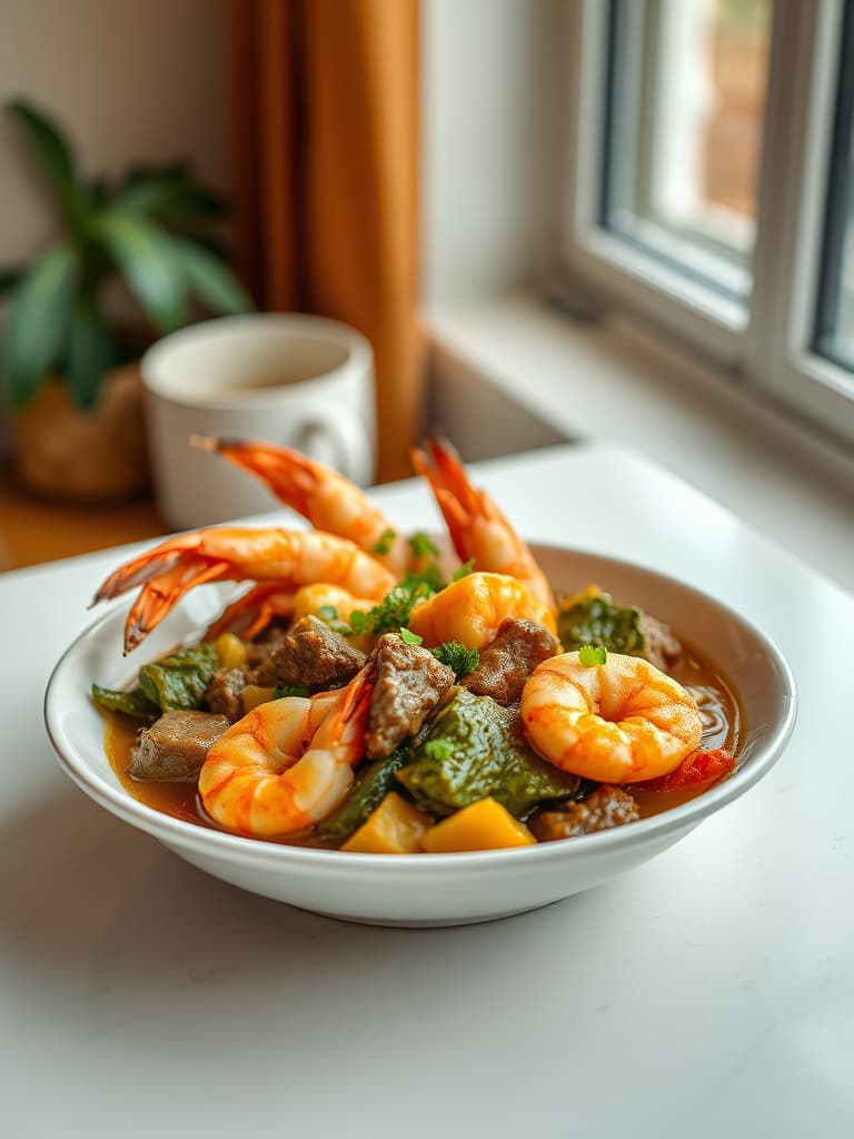 Rich Cameroonian Ndole (Bitterleaf Stew) with Prawns