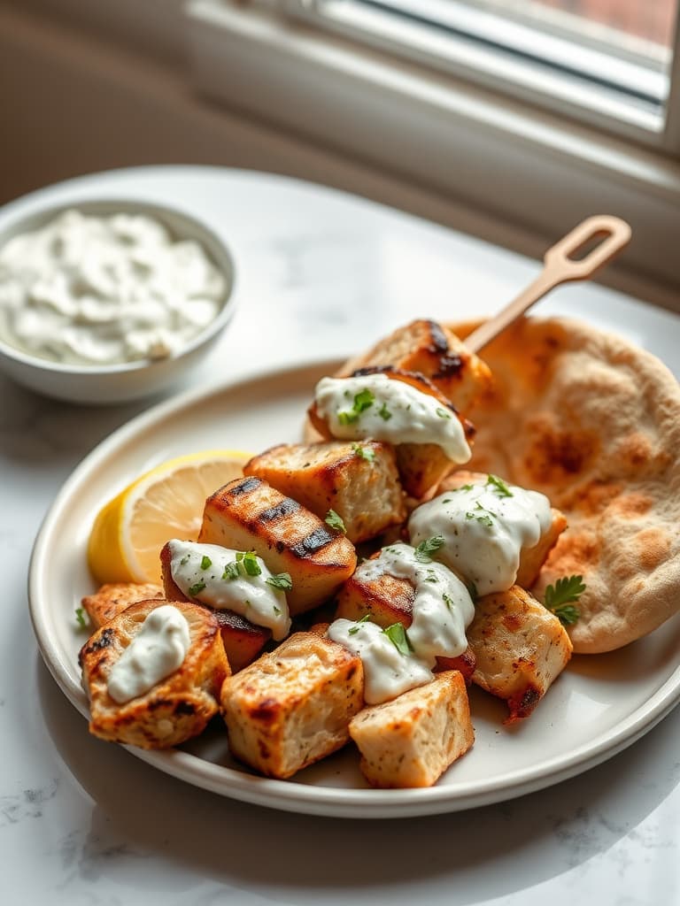 Chicken Souvlaki with Tzatziki and Warm Pita
