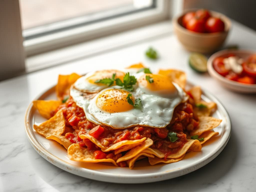 Authentic Chilaquiles Rojos with Fried Eggs