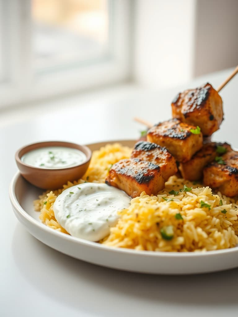 Greek Souvlaki Skewers with Tzatziki and Saffron Rice