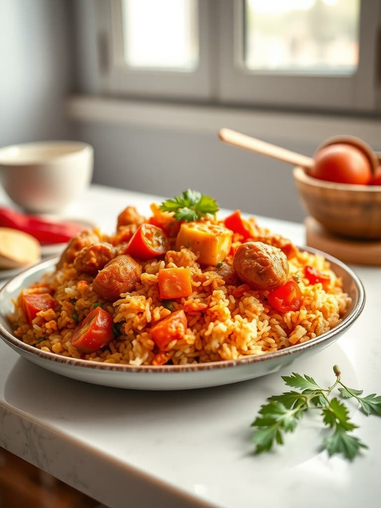 Spicy Ghanaian Jollof Rice with Chicken