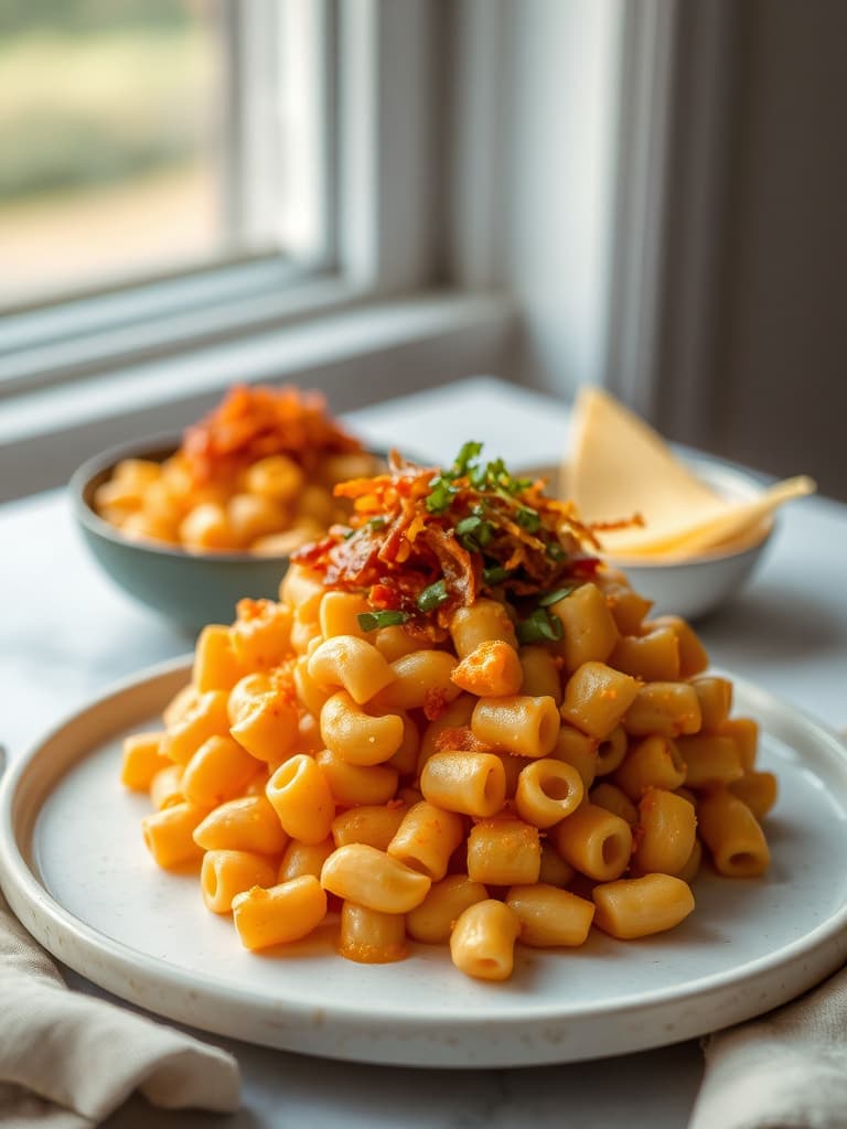 Gochujang Mac and Cheese with Kimchi Topping